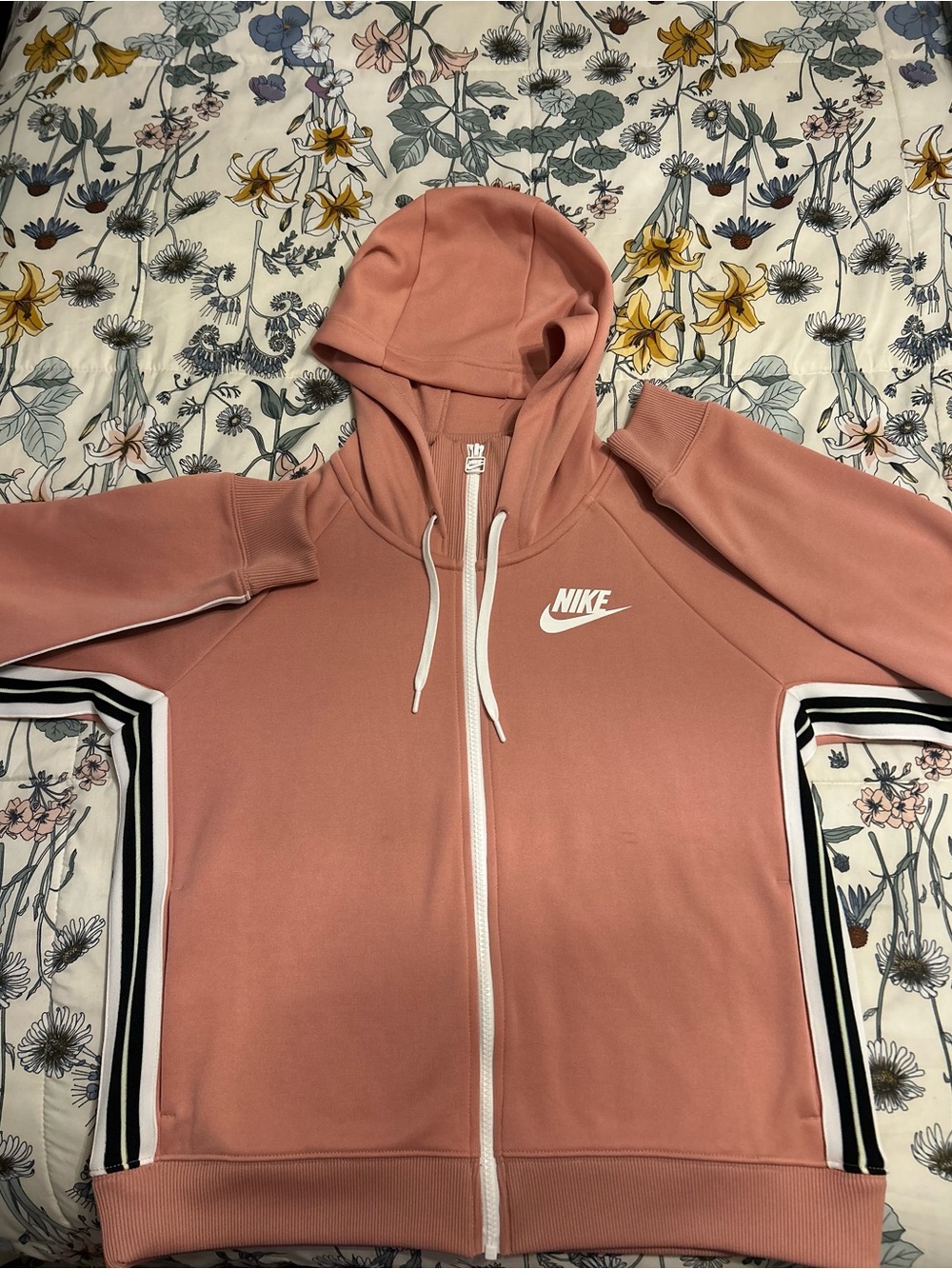 Nike Dusty Rose Hooded Full-Zip Bomber Jacket with Stripe Panels